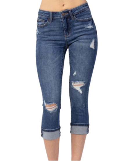 Judy Blue Distressed Mid-Rise Cuffed Capri Jeans
