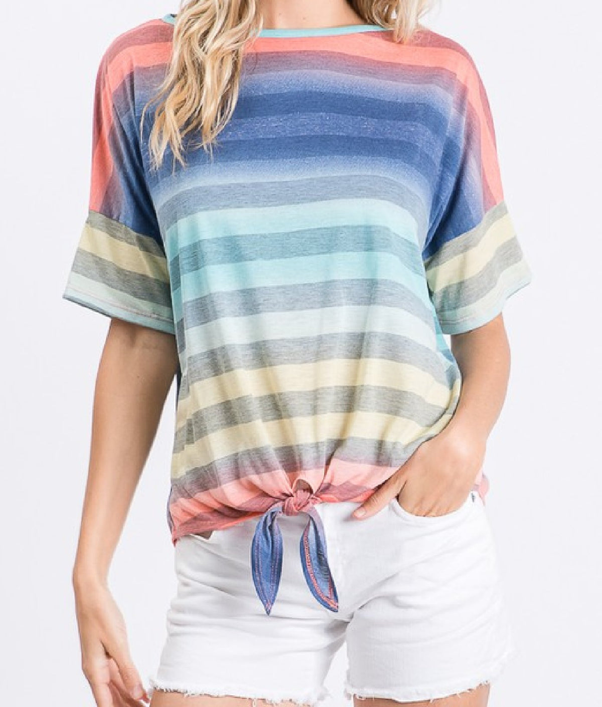 Color Striped Front Tie Top