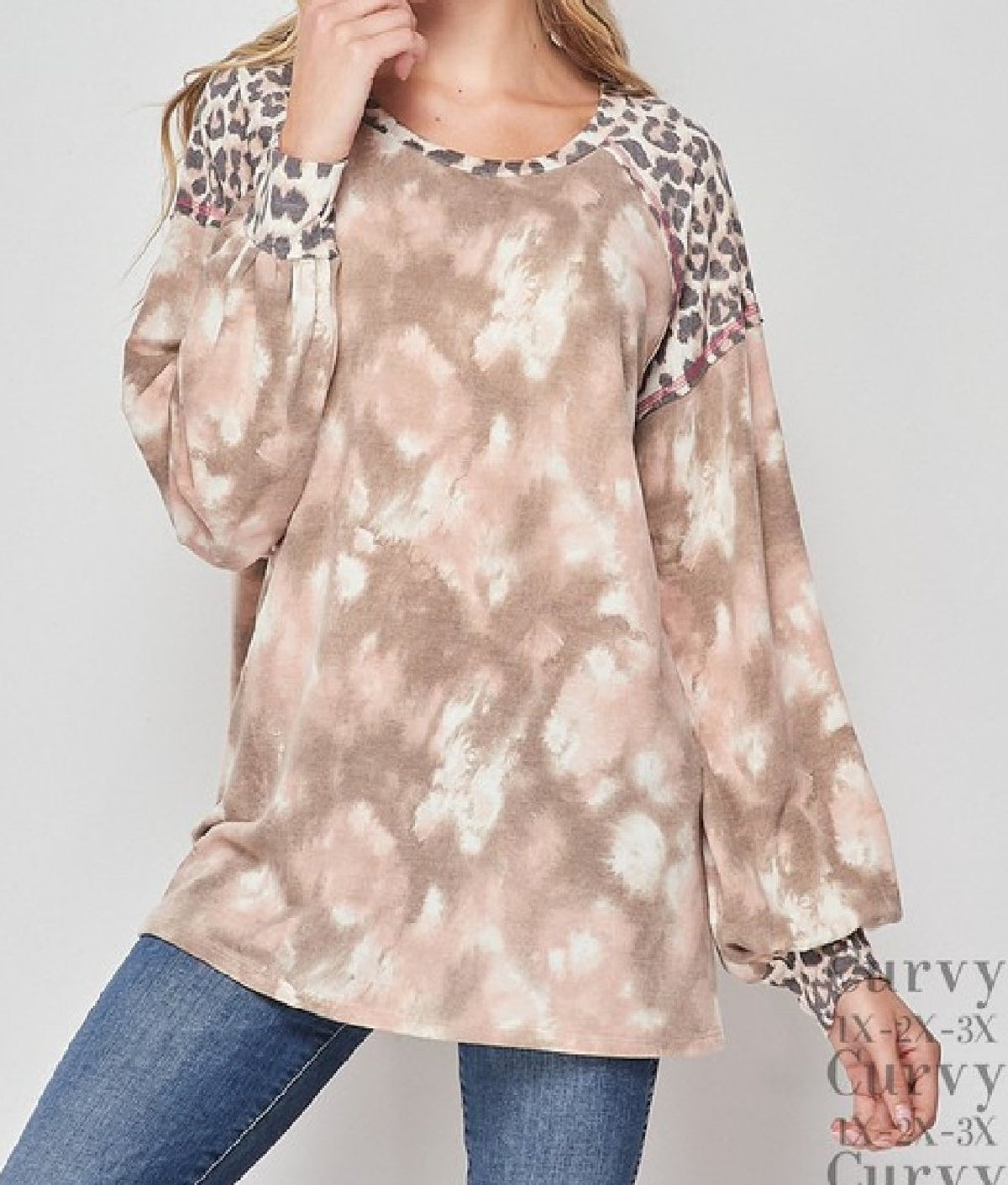 Tie Dye Top with Animal Print Balloon Sleeves