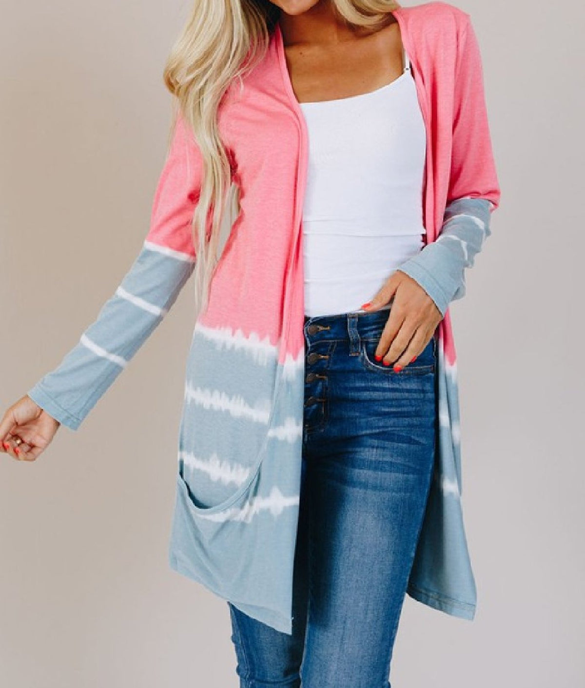 Pink Blue and White Colorblock Cardigan