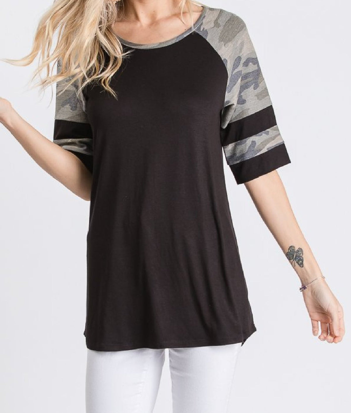 Black Top with Elbow Length Camo Sleeves