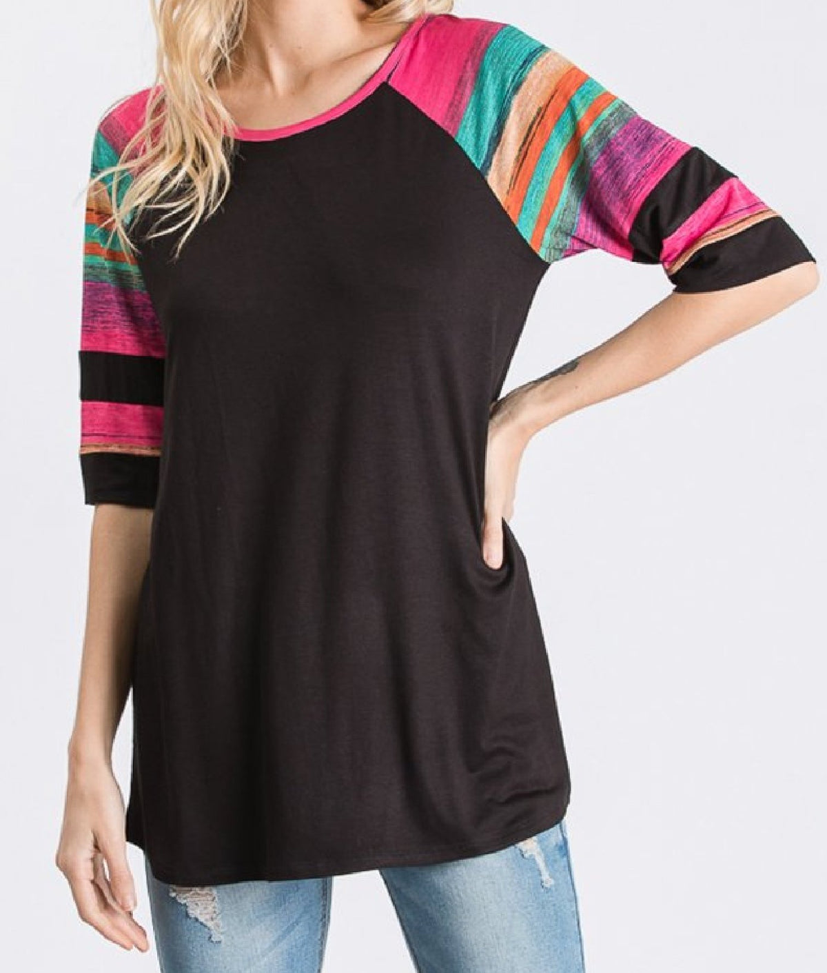 Tunic Multicolor Top with Striped Half Sleeves